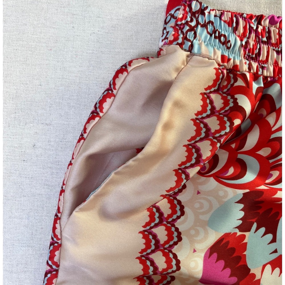 Zara Boho Wide Leg Scarf Print Pants Beige Pink Red Womens sz L Resortwear Flowy - Picture 4 of 8